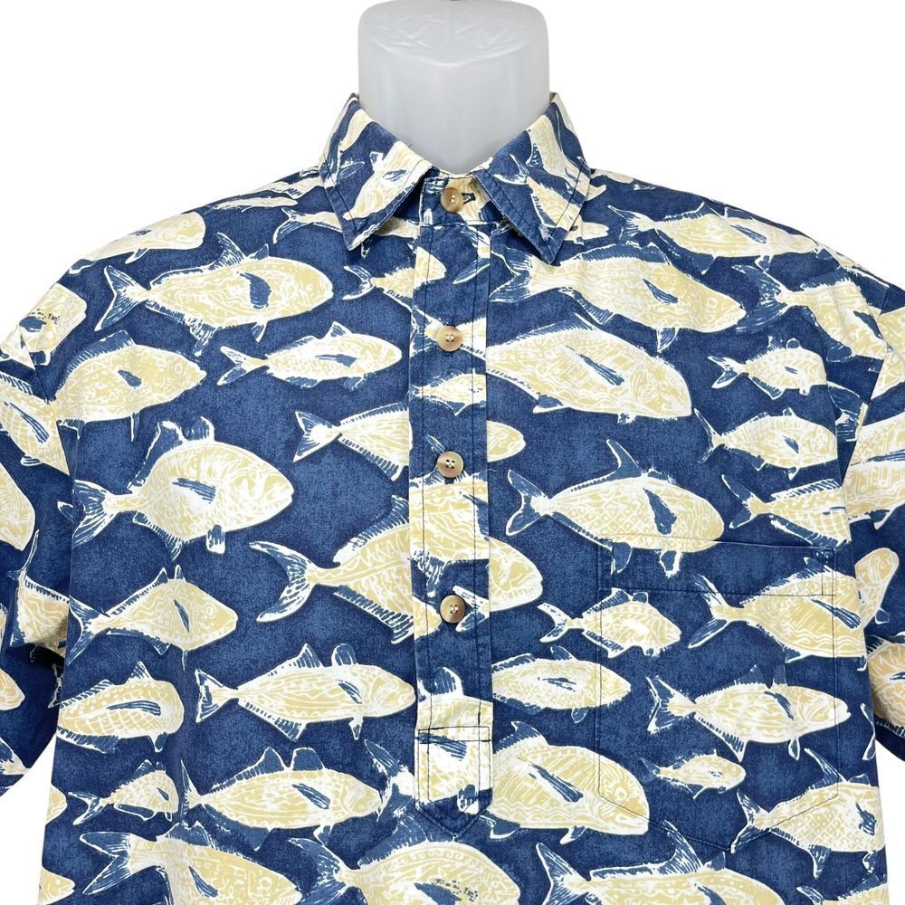 Kahala Men's Large Blue Fish Half Placket Henley Short Sleeve Hawaiian Shirt - Picture 2 of 8